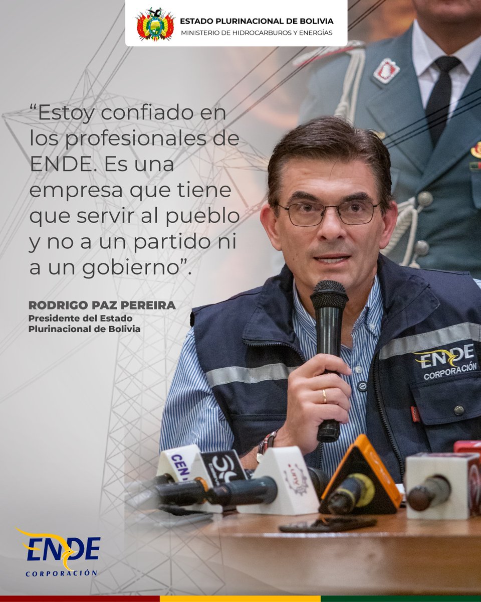 #LaFrase | En su visita a ENDE Corporación, el presidente Rodrigo Paz Pereira expresó su confianza en los profesionales bolivianos y dijo que es necesario reestructurar la empresa para garantizar un servicio eléctrico permanente para todos los bolivianos.

#SiempreBolivia
#ENDE