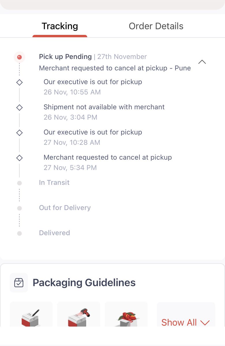 _Anasuya_08's tweet photo. @delhivery @help_delhivery My pickup scheduled for 25th Nov is already delayed by 3-4 days. The tracking keeps looping between “executive out for pickup” and “merchant requested cancel,” and no one is responding to calls. Please resolve this ASAP. AWB 2827776046875. https://t.co/TIQJxLJsGp