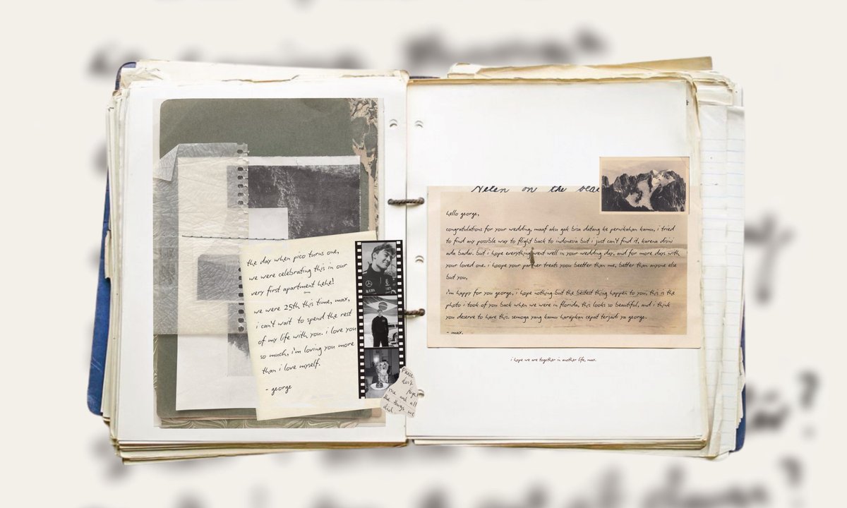 sukhhuna's tweet photo. what if #russtappen broke up and george married with someone, max sent a postcard for george's wedding gift, a photo of george that he took when they were on holiday. years later george still kept the postcard, knowing that he could never forget max, the only love of his life. https://t.co/BrVS0H7VZb