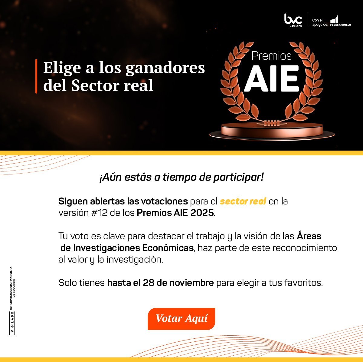 ¡Última oportunidad para votar por los premios AIE!

Su voto es esencial para destacar los estudios y propuestas de investigación económica que contribuyen a la toma de decisiones de inversión y a comprender las dinámicas complejas de nuestro sector. Si pertenece al sector real,