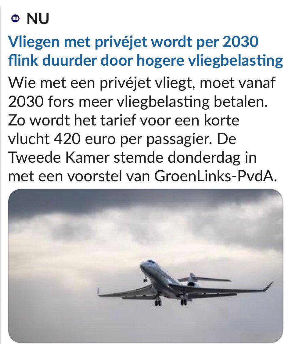 Mooi resultaat vandaag bij het Belastingdebat in de Tweede Kamer!

Een meerderheid steunt ons voorstel om privéjets eindelijk eerlijk te gaan belasten.

Goed voor het klimaat én goed voor de overheidsfinanciën!