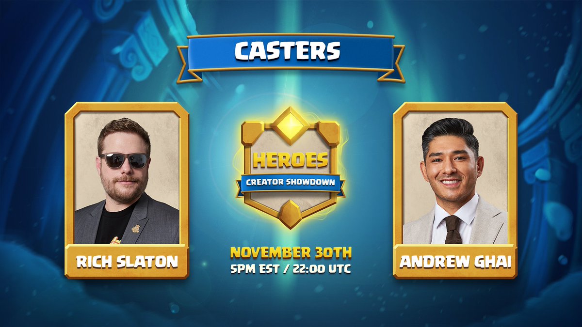 EsportsRoyaleEN's tweet image. The arena is heating up and the voices bringing the most heroic action to life are locked in 🔥

@RichSlaton &amp;amp; @AndrewGhai are ready to break down every battle!

Set a reminder not to miss a second of it 👇

🔔 youtube.com/watch?v=fKZcHy…