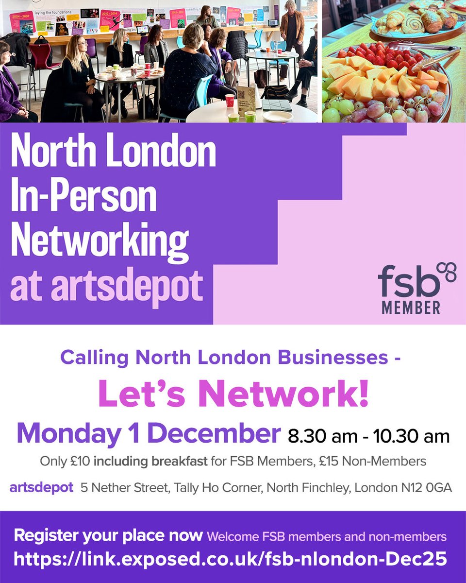 exposeddesign's tweet image. Join us this Monday for a great business #networking event at ⁦@artsdepot⁩ in #Finchley Starts at 8.30am and all are welcome. Lots of opportunities to network and share - with a great breakfast as well. Register link.exposed.co.uk/fsb-nlondon-De… ⁦@BarnetCouncil⁩ #fsbconnect