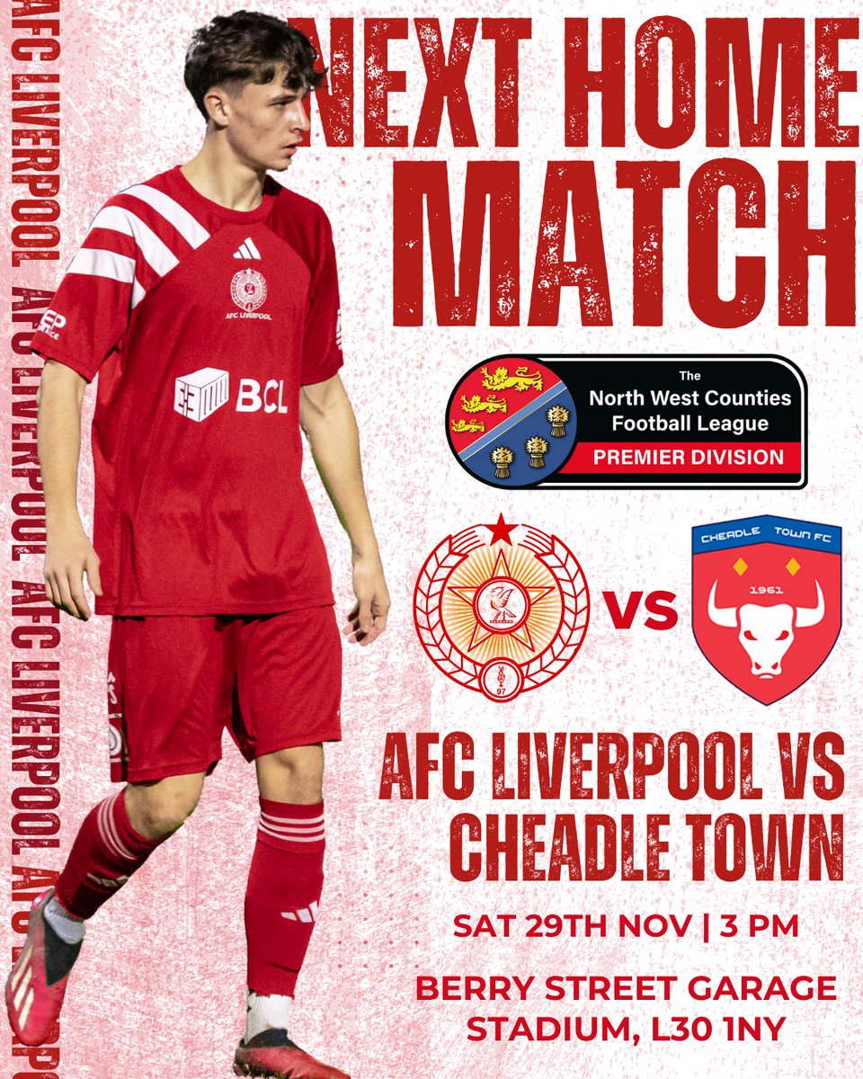 AFCLiverpool's tweet image. THIS SATURDAY!
We welcome Cheadle Town to Bootle. 
fixr.co/event/afc-live…

🏆| @nwcfl Premier Division 
🆚| @CheadleTownFC
📍| Berry Street Garage Stadium
🚗| 4 Vesty Rd, Bootle L30 1NY
📅| Saturday 29th November  
⏰| KO 3:00PM
💳| Cash and Card
📖| Programme £2
🐶| Dogs…