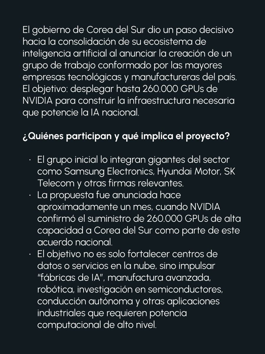 AtlasInvAcademy's tweet photo. El gobierno de Corea del Sur dio un paso decisivo hacia la consolidación de su ecosistema de inteligencia artificial al anunciar la creación de un grupo de trabajo conformado por las mayores empresas tecnológicas y manufactureras del país.

#NVIDIA #InteligenciaArtificial #IA https://t.co/8bSymKNhnH