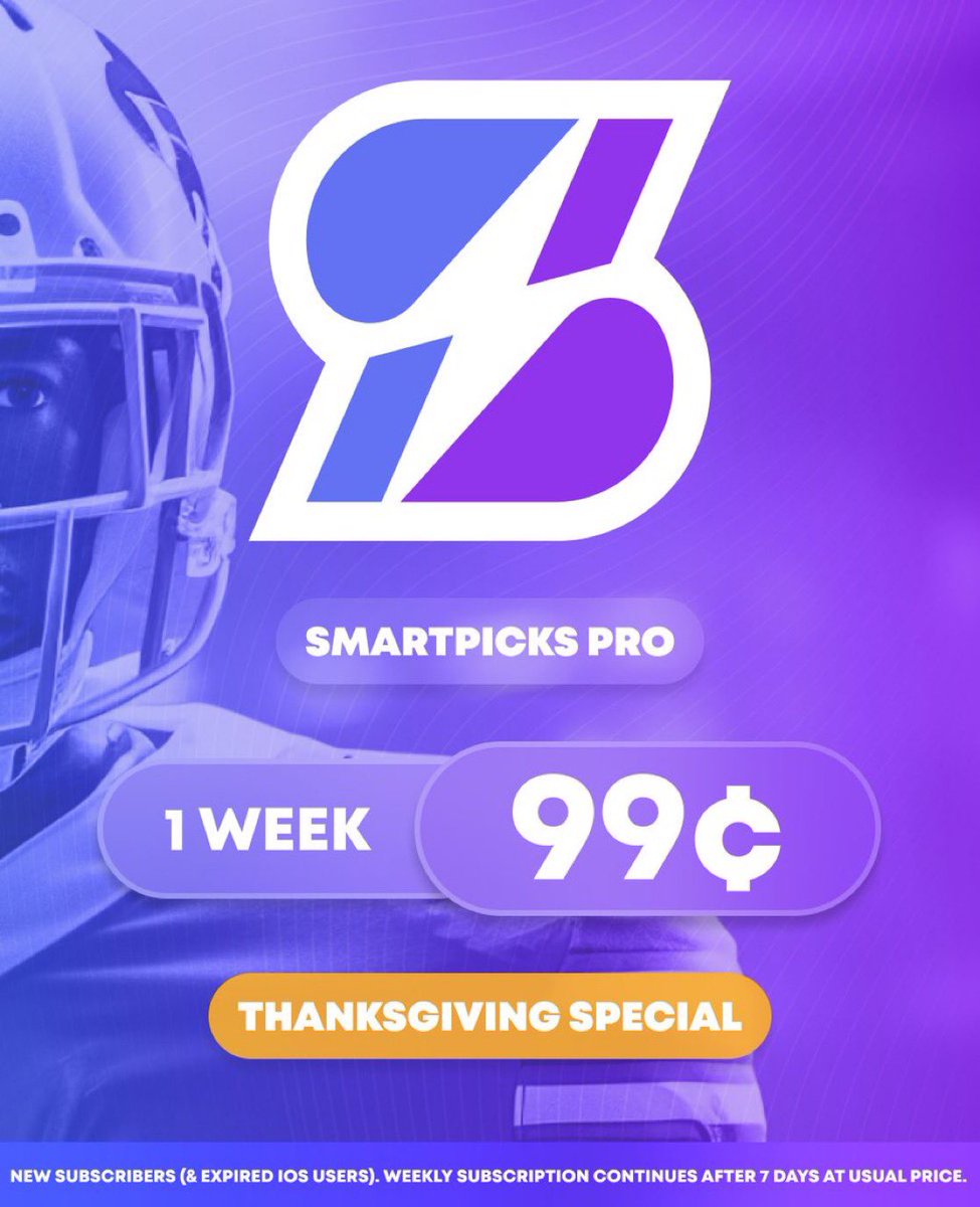 SmartPicksPro's tweet image. 🚨 THANKSGIVING 99¢ FLASH SALE 🚨

Get a week of Pro for just $0.99 💸
Unlock the Top SP Scores for all of today’s games! ✅

Use code THANKSGIVING

🔓 Claim now: flashpicks.bet/99