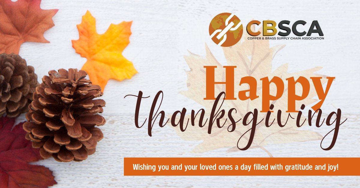 🦃 Happy Thanksgiving from CBSCA!

Today, we’re especially grateful for the people who keep the copper and brass supply chain running strong — our members. 

🍁 Happy Thanksgiving!
— The CBSCA Team

#Thanksgiving #GiveThanks #RedMetals #CopperBrass