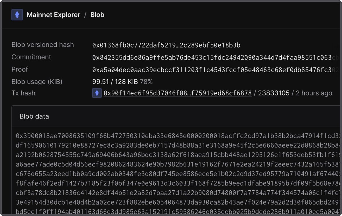 TenderlyApp's tweet image. Dive deeper with dedicated blob pages:

✅ Access and copy blob data easily
✅ See blob commitment and proof details
✅ Verify proper blob execution

Everything you need for thorough blob analysis in one view.