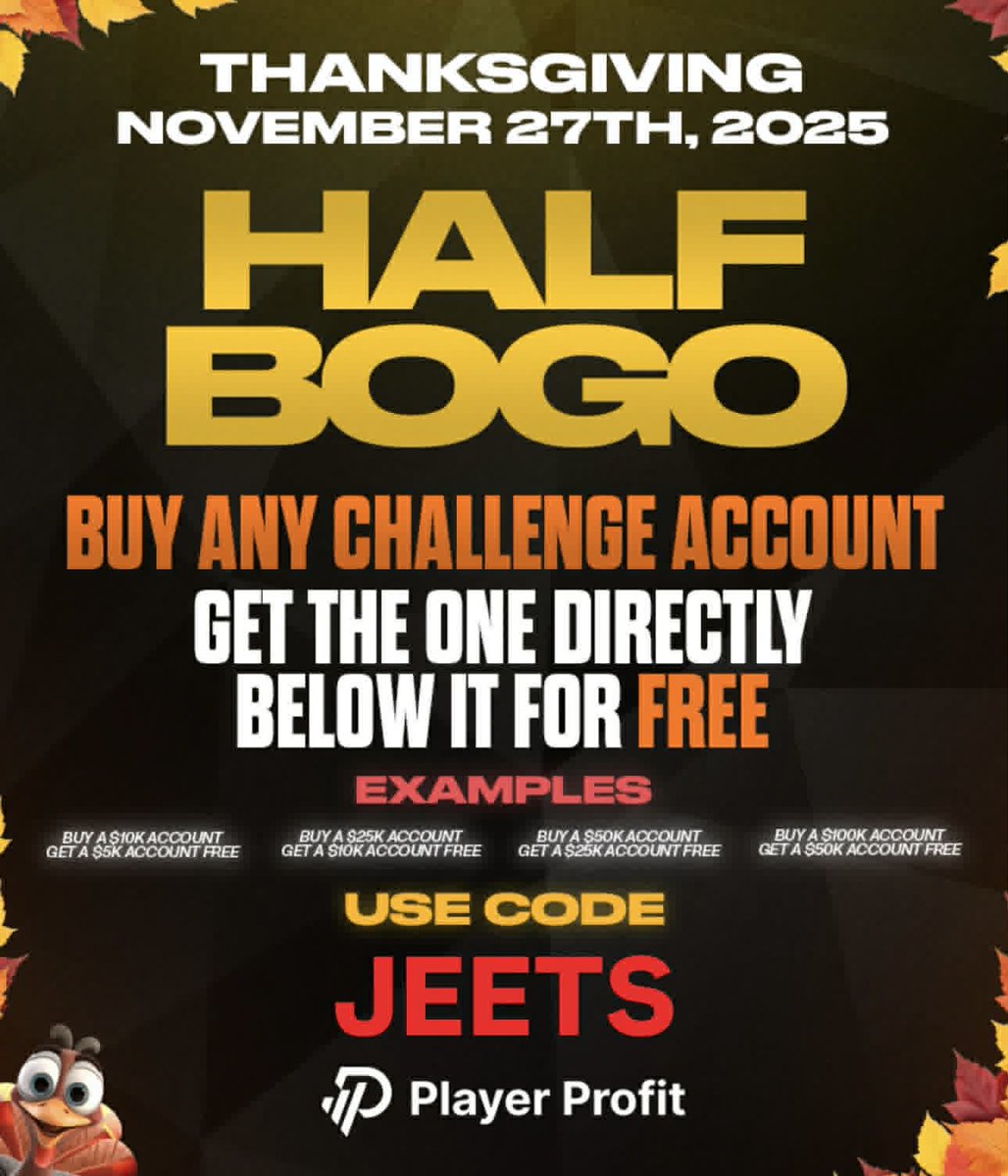 JeetsEduBets's tweet image. 🦃 THANKSGIVING PLAYER PROFIT PROMO — ABSOLUTE HEAT! 🔥

Today only, Player Profit dropped one of the craziest deals of the year…

Buy ANY $5K+ funded challenge account →
Get the next tier BELOW it for FREE.
Yes… completely FREE. 💰🔥

Here’s how the freebies stack up:
Buy…