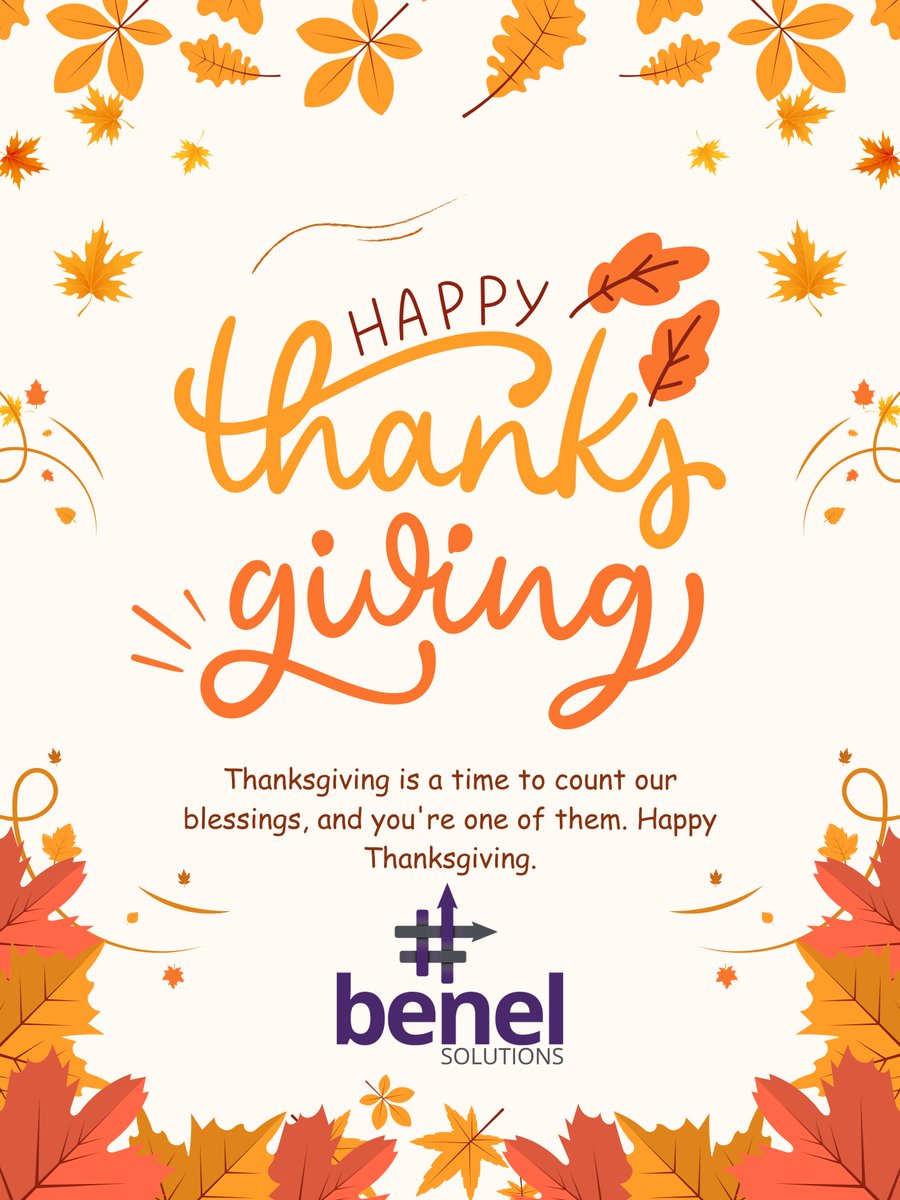 Gratitude is at the heart of what we do. To our clients and partners—thank you for your trust, collaboration, support, &amp; continued partnership. You inspire us  and fuel our commitment to excellence. From all of us at benel Solutions, have a warm,  &amp; joyful Thanksgiving! 🍁 🦃✨