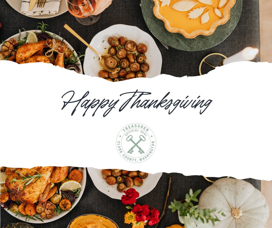 Happy Thanksgiving from the Clark County Treasurer’s Office! We’re grateful for our community and wish you a safe, joyful holiday. Our office will be closed November 27–28 and will reopen on Monday.