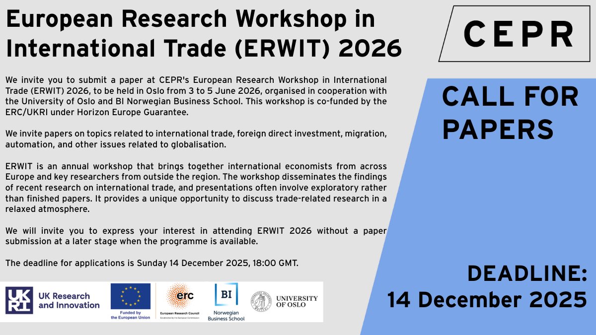 cepr_org's tweet image. 📢 #CallForPapers - European Research Workshop in International Trade 2026
We invite papers on topics related to international trade, foreign direct investment, migration, automation, and other issues related to globalisation.
Deadline: 14 December
ow.ly/2c0950X8lWr