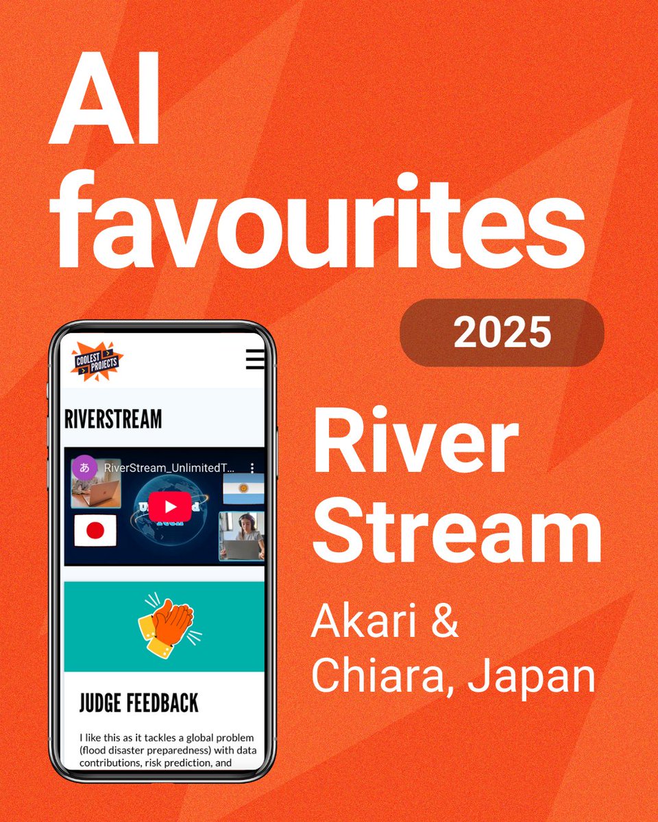 CoolestProjects's tweet image. 🎉 Project spotlight: RiverStream. Created by Akari and Chiara, RiverStream is an app designed to tackle global flood risk.  🌊📊

One of Amar Kedare’s favourite projects at #CoolestProjects2025! 

Check it out: rpf.io/cp-river