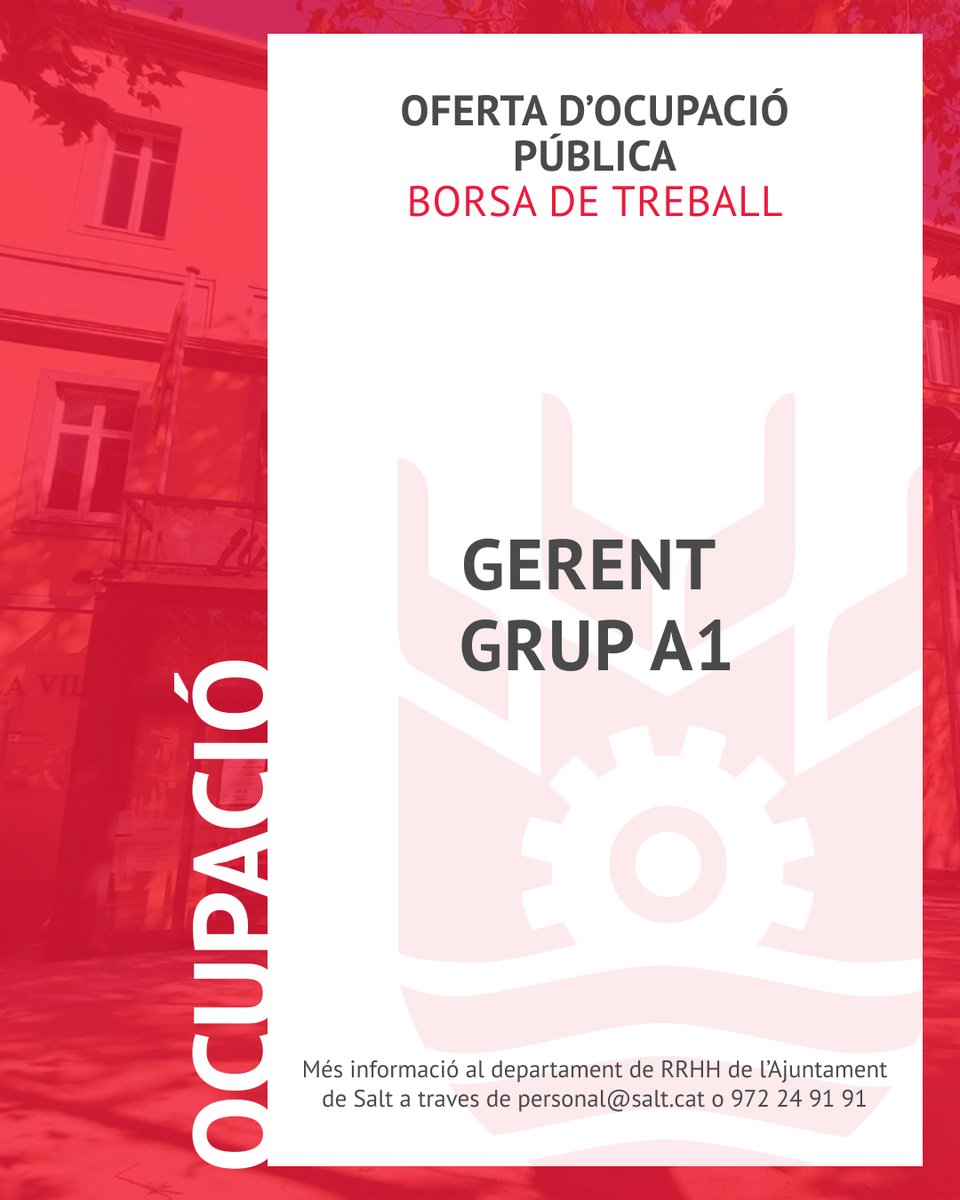 ViladeSalt's tweet image. 📝 Oberta una nova convocatòria de selecció per al lloc de Gerent de l’Ajuntament de #Salt!
📋 Es tracta d’un procés selectiu per a la provisió del lloc de treball de Gerent, grup A1.
🗓 El termini és fins al 16 de desembre.

📲 loom.ly/URSxdGY

#ViuSalt