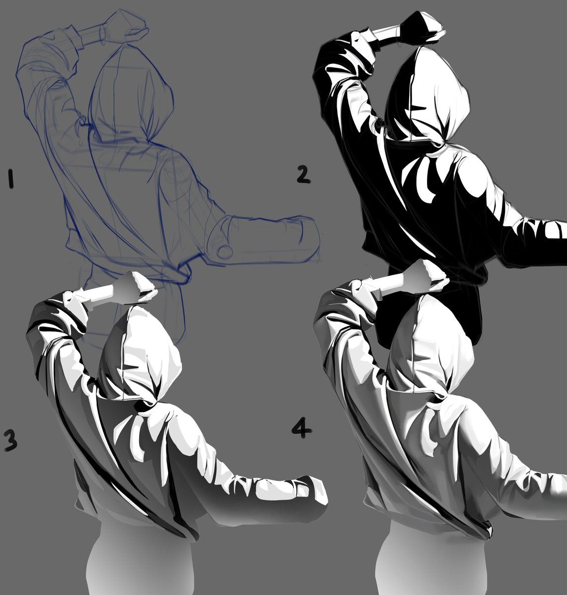 1. 스케치 &gt; 2. 명암 1톤 &gt; 3. 반사광 &gt; 4. 엣지 묘사

반사광 단계에서 [명도 그룹핑]을 사용하기!
장점 - 묘사 시간 단축, 빛방향 통일 등등... 명암 묘사 단계에서의 실수를 줄일 수 있다.