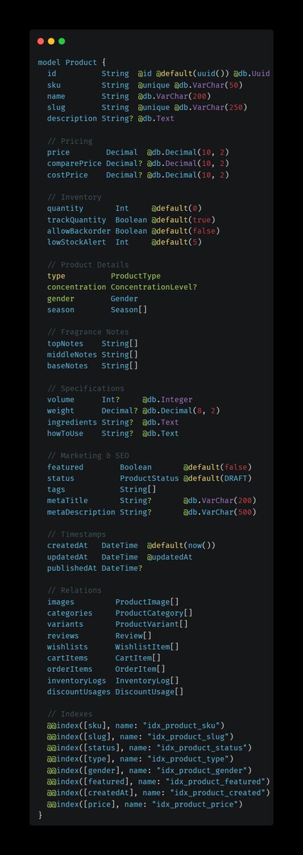 i_am_hasashi's tweet image. Day 18 of 100days of #NestJS: Product Model Breakdown!

Completed the advanced Product schema:

Includes Cost Price &amp;amp; Compare Price.

Specialized fields for Fragrance Notes and Concentration.

Built-in support for Variants &amp;amp; Inventory Logs.