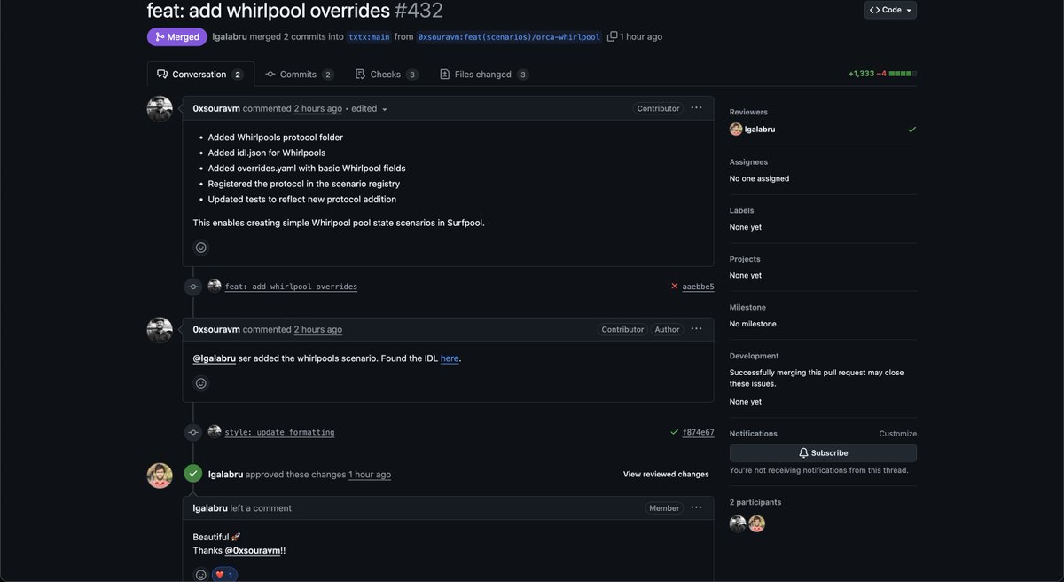 We are on a roll! 4th PR to <a href="/surfpool_sol/">Surfpool</a> just done and dusted. Thanks to <a href="/ludo_txtx/">ludo | txtx</a> again for the super fast review and merge.

This PR adds support for <a href="/orca_so/">Orca 🌊</a> Whirpools protocol scenarios and lets you override some key properties.

Will be stopping the protocols here and