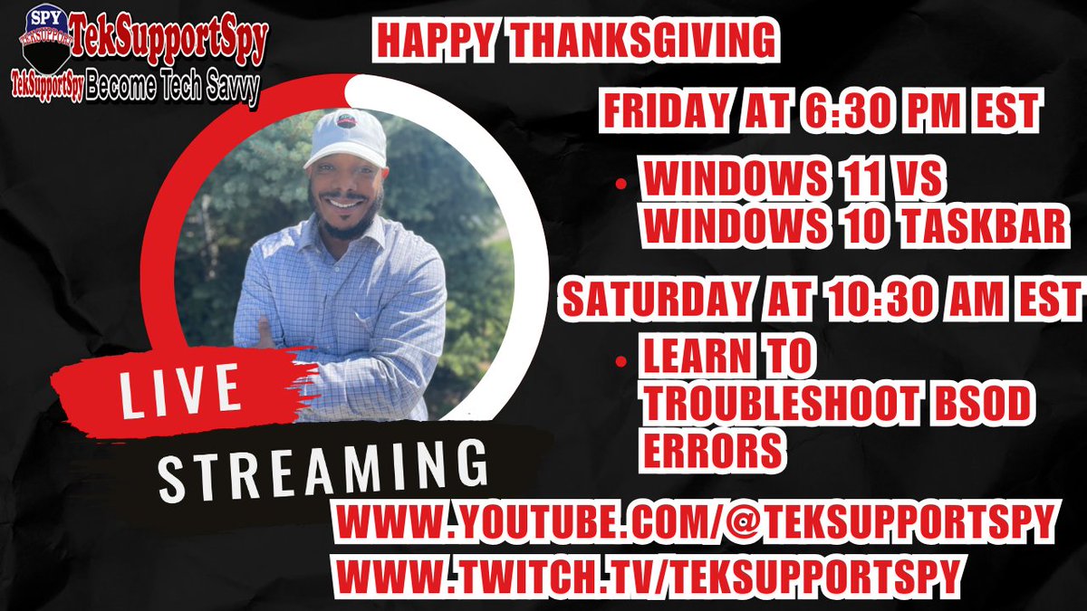 TekSupportSpy's tweet image. HAPPY THANKSGIVING EVERYONE

Join us tomorrow for another Live stream.
Subscribe to our YouTube channel and follow us on Twitch.

Twitch
twitch.tv/teksupportspy/

YouTube
youtube.com/@teksupportspy

#Microsoft 
#computertraining
#learncomputer
#technology
#technologyforbeginners