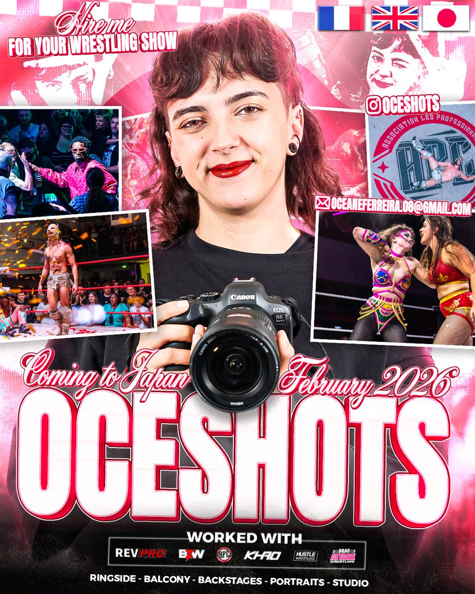 oceshots's tweet image. BIG ANNOUNCEMENT - I&apos;M GOING BACK TO JAPAN ! 
I&apos;m Océane FERREIRA (aka oceshots) pro wrestling photographer, and I will be in Japan during all February 2026.
🔥 Available for bookings: shows, shoot requests, promotional photos, wrestler portraits, and special projects.