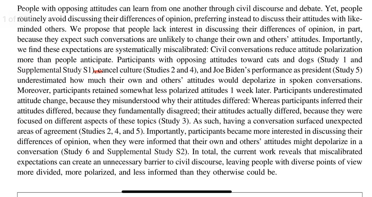 koenfucius's tweet image. People’s expectations that civil conversations with opponents won’t change either party’s attitude—so they avoid such debate—are systematically miscalibrated, research by Kardas et al finds; they reduce attitude polarization more than people anticipate:

buff.ly/V2NZDHx