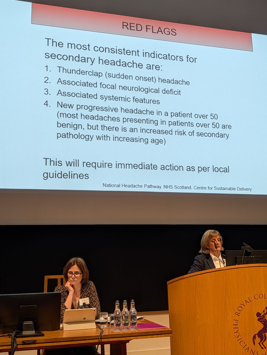 A reminder of red flag indicators for investigating headaches at the front door - if these criteria are not met than migraine is massively most likely, though amber flags like recent head trauma, precious cancer or HIV etc should be considered - Mireia Moragas-Garrido #rcpeStAs25