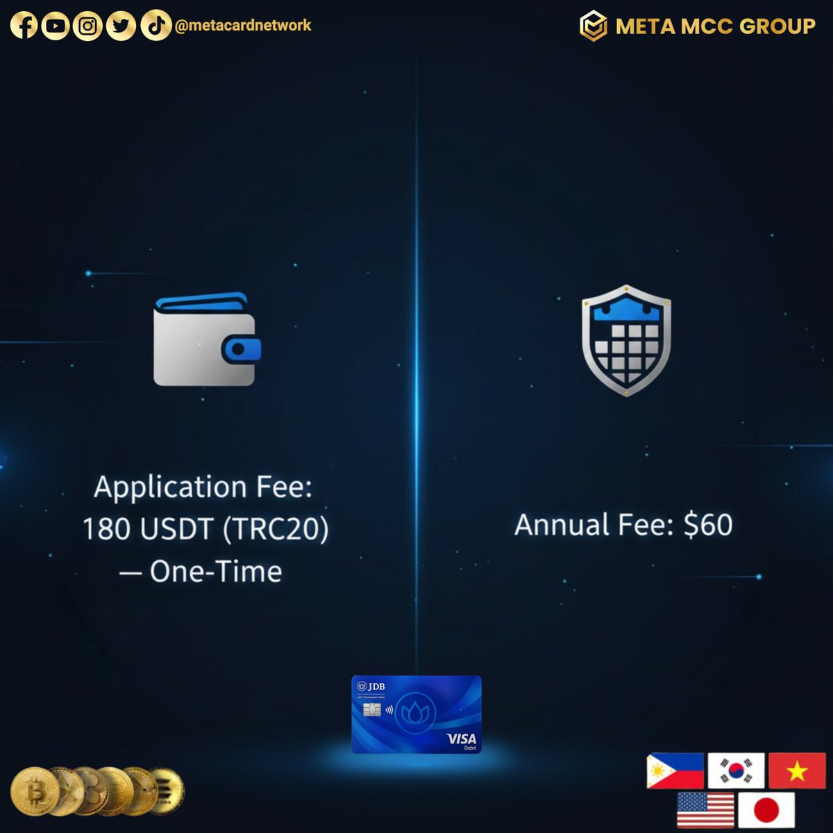 MetaCardNetwork's tweet image. Transparency matters.✅ 
The #MetaMCC Card provides fixed, easy-to-understand fees for application, usage, and conversions. Giving you full clarity before you apply.

Message us if you have questions or apply here anytime:
metamcc.com
