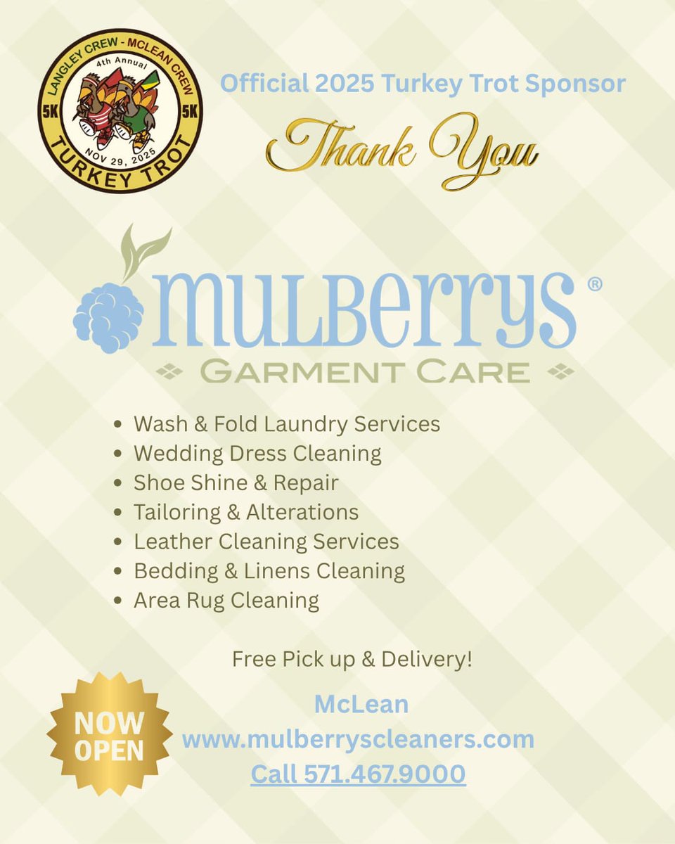 mcleancrewclub's tweet image. Shout out to our Turkey Trot Sponsors! Thank you Mulberry's Garment Care!

@mulberrysgarmentcare
#NowOpenMcLean
#FreshLinens
#ProfessionalLaundry
#PickUpDelivery
#TurkeyTrotSponsor
#AlmostRaceDay
#LangleyCrew
#McLeanCrew
#Grateful