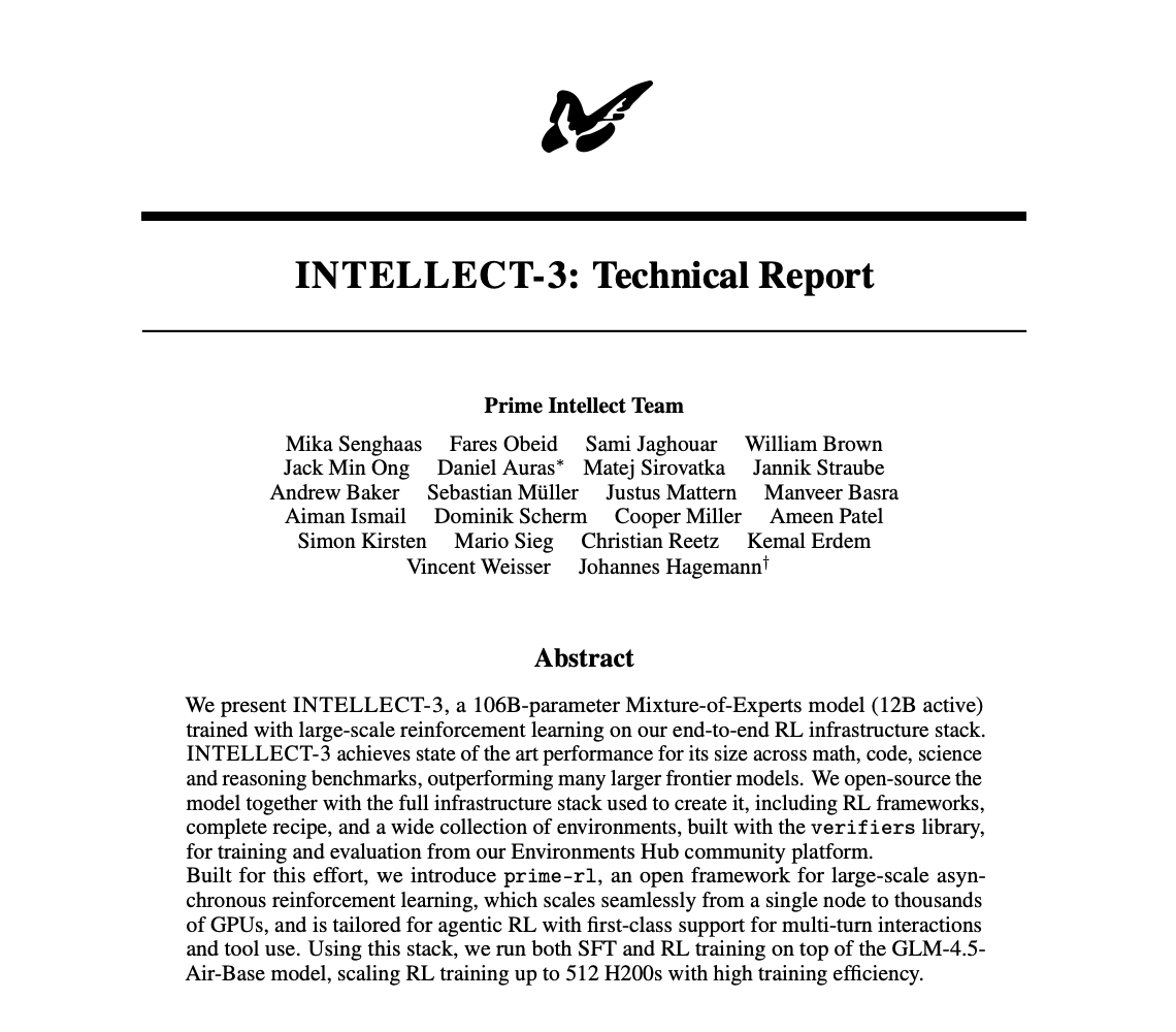arcgrowth_'s tweet photo. INTELLECT-3 is another signal that the frontier isn’t just about scale — it’s about post-training. Open weights + strong RL/SFT pipelines are turning 100B-ish models into serious reasoning systems.

What matters now is technique, not parameter count.
@PrimeIntellect https://t.co/xzp2r0J3pX