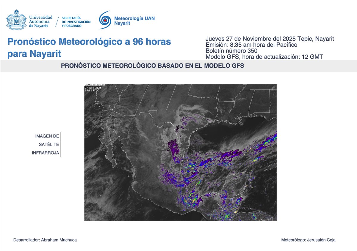 CMN_UAN's tweet image. #Pronóstico matutino a 96 horas
Válido para: Jueves 27, viernes 28, sábado 29 y domingo 30
Secretaría de Investigación y Posgrado UAN a través de Meteorología UaAN Nayarit emite el siguiente pronóstico del tiempo
#SIP
#LaUANenTodasPartes
#Pronostico
#Nayarit