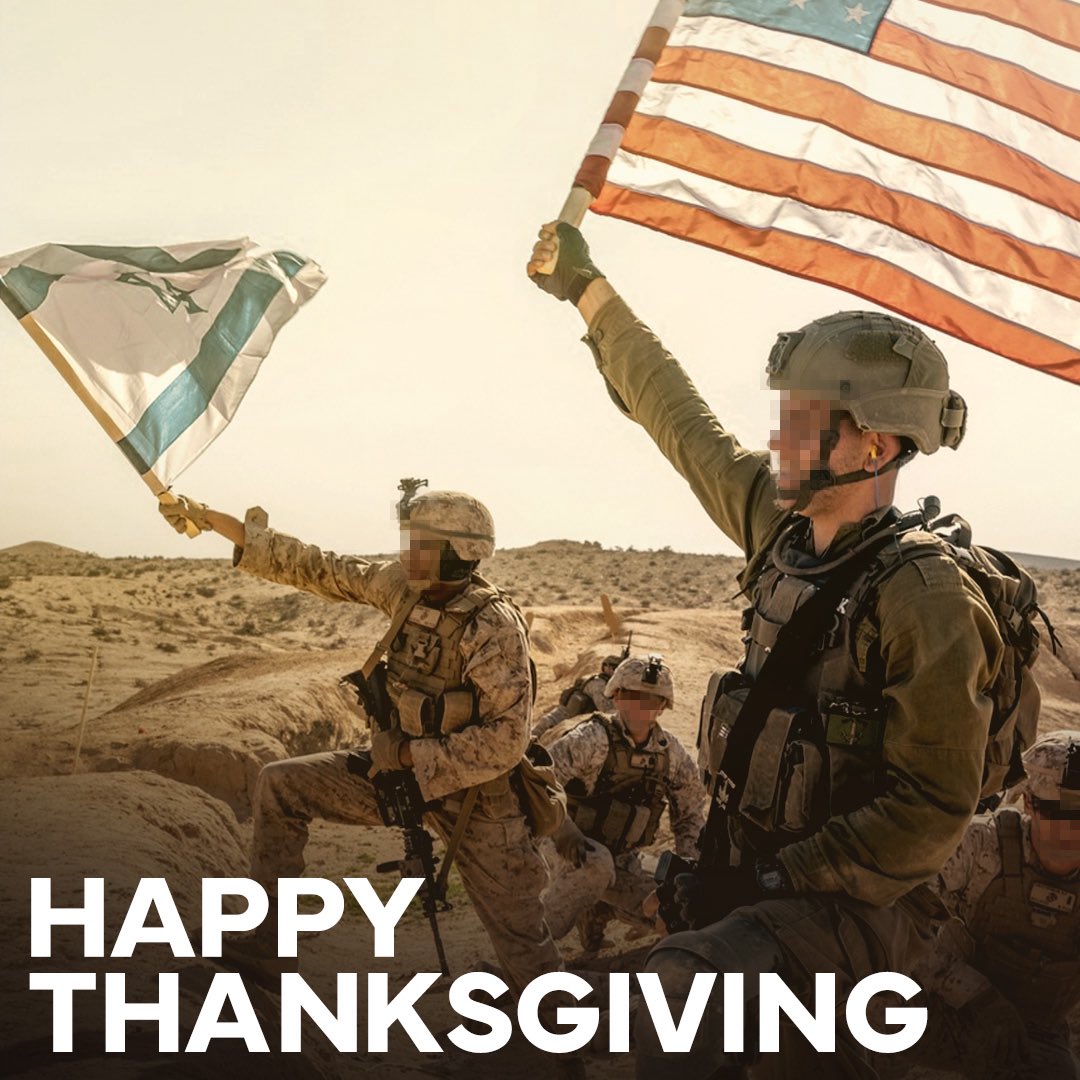 IDF's tweet image. Wishing our partners in the United States a Happy Thanksgiving! 🦃

This Thanksgiving, we’re thankful for your support and proud to stand together as allies. 🇮🇱🤝🇺🇸