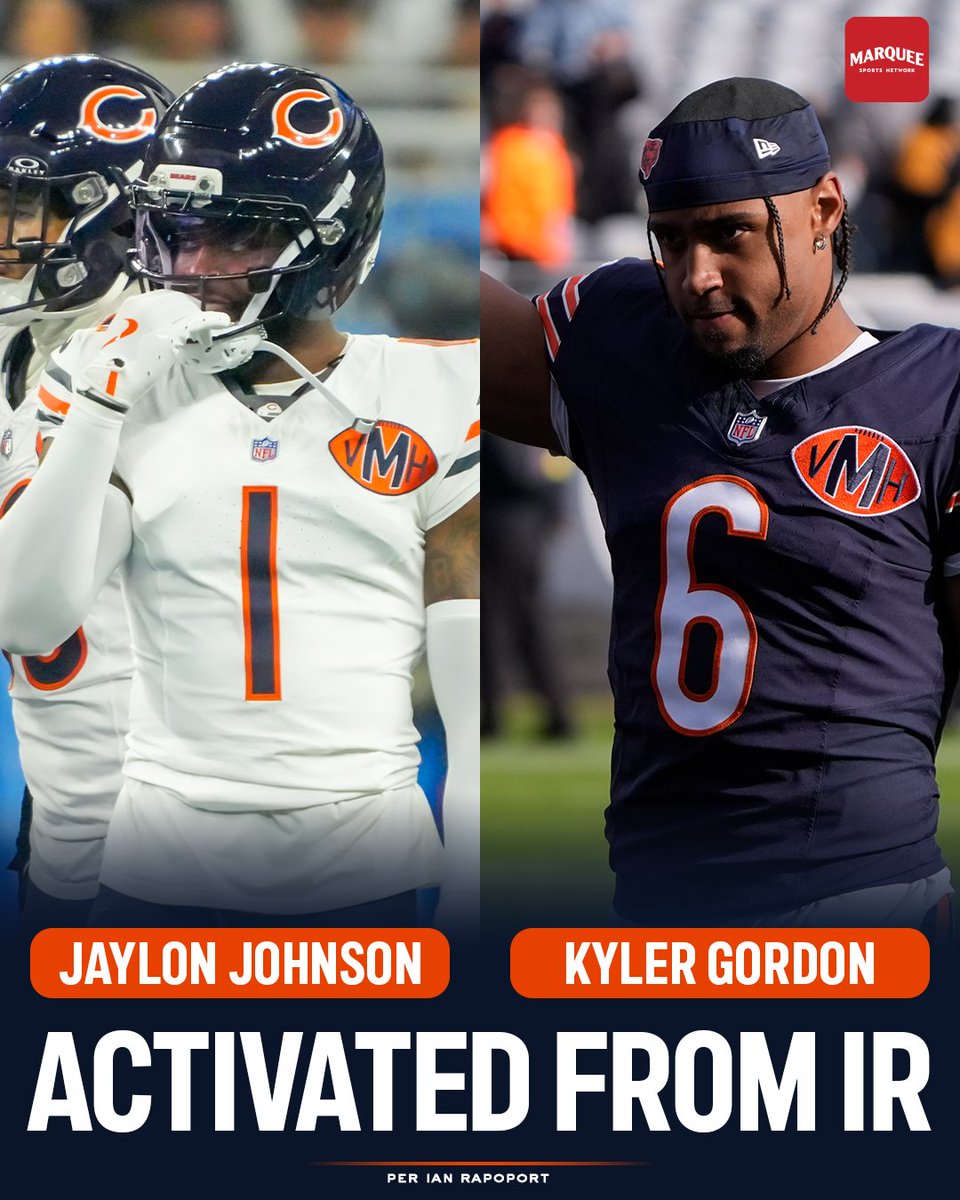REPORT: Jaylon Johnson and Kyler Gordon are expected to be activated from IR for Bears vs. Eagles, per <a href="/RapSheet/">Ian Rapoport</a>.