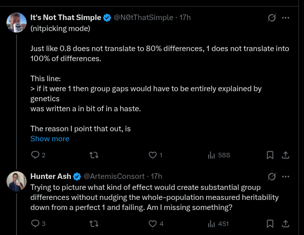 The confusion in the chat below provides a good illustration of how misunderstanding 'heritability' gets people into all kinds of knots. Let's say US height has a heritability of 1, and <a href="/elonmusk/">Elon Musk</a> succeeds in taking a good number of Americans to Mars. But they find that they can't