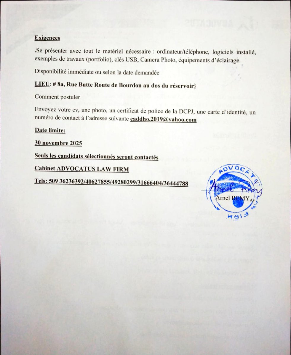 AVIS DE RECRUTEMENT :Les avocats du Cabinet ADVOCATUS LAW FIRM sont à la recherche d'un spécialiste en infographie,montage vidéo,photographie ect,ce pour le shooting et la mise en ligne des vidéos de la rubrique"ESKEW TE KONNEN".Intéressé(e)s contactez les nos:49280299/36444788.