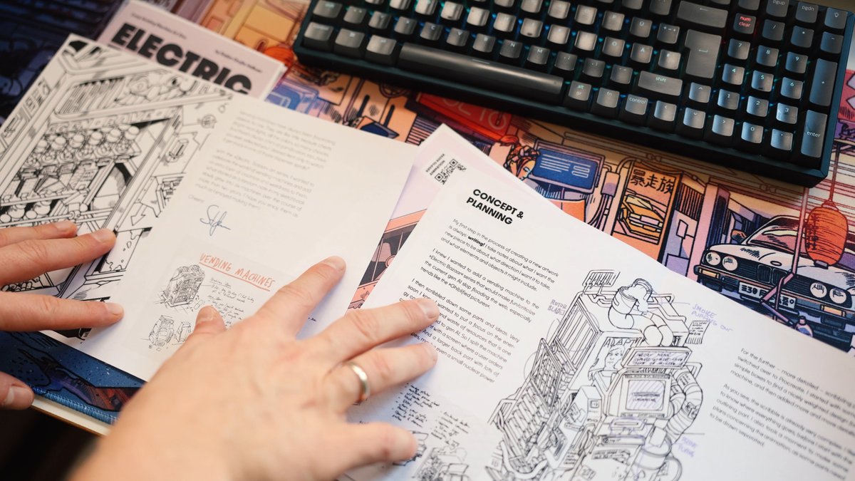 grossehalbuer's tweet image. Since I started tabling at cons, people keep asking for an Art Book or a Zine. Had a project cancelled last week, so I sat down and made the &quot;Electric Bazaar Zine&quot; in 3 days, just in time for my final 2025 con. And I filmed myself doing so - check out the result below!