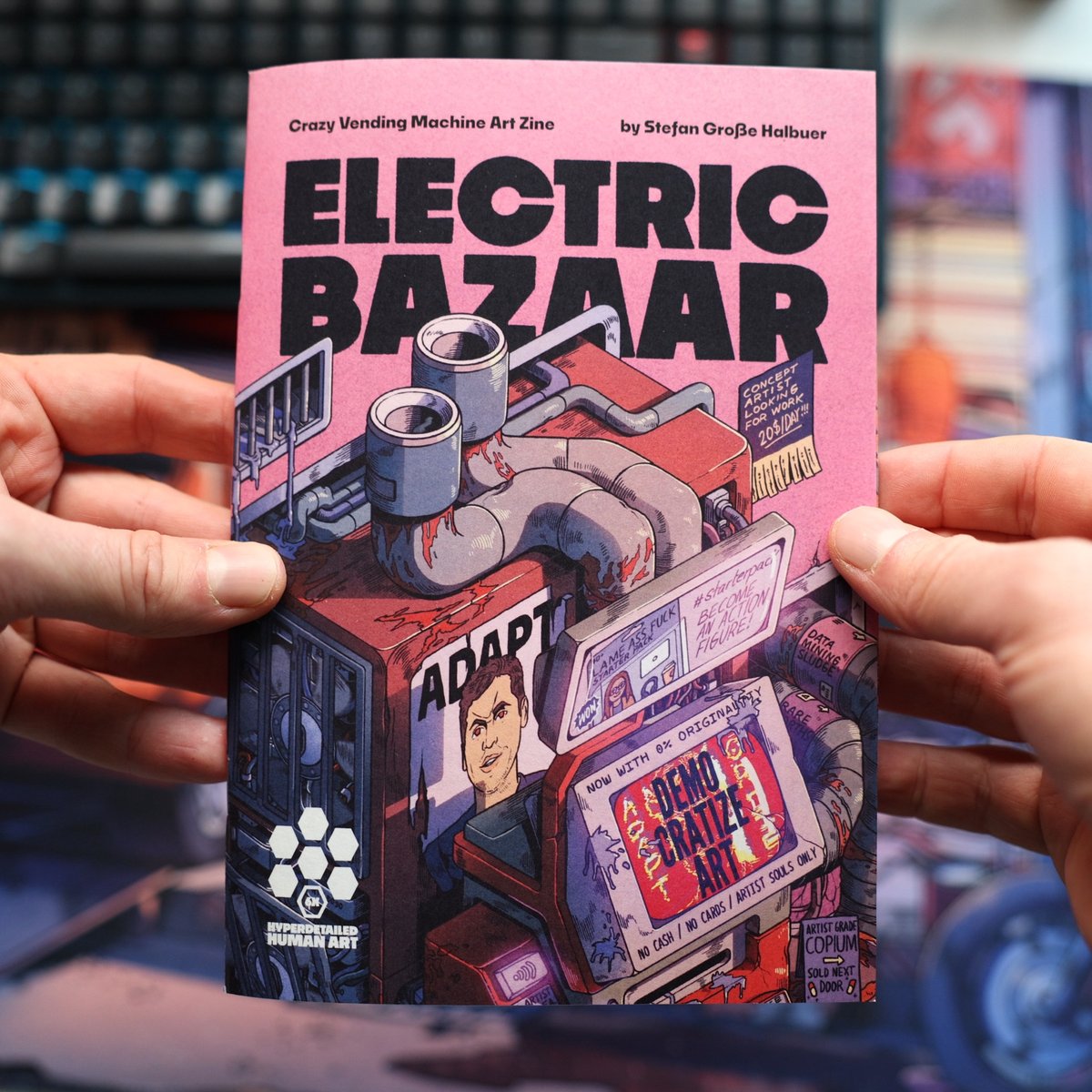 grossehalbuer's tweet image. Since I started tabling at cons, people keep asking for an Art Book or a Zine. Had a project cancelled last week, so I sat down and made the &quot;Electric Bazaar Zine&quot; in 3 days, just in time for my final 2025 con. And I filmed myself doing so - check out the result below!