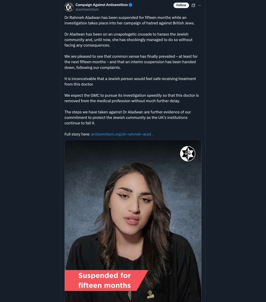 doctor_rahmeh's tweet image. When I state that I have been hunted by the pro-'israel' jewish lobby, this is precisely what I mean.

Here, the Campaign Against 'Antisemitism' explicitly takes credit for my suspension and demands I be permanently struck off. They celebrate the removal of a doctor from the…