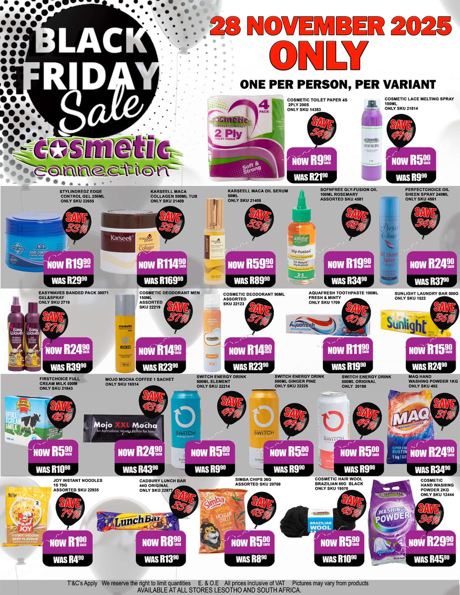CosmeticConnec3's tweet photo. Black Friday Sale — 28 Nov ONLY
Unbeatable savings at Cosmetic Connection on skincare, hair care, home goods, baby care &amp; more! 
In-store &amp; online
Valid: 28 Nov 2025 (1 day only!)
SA &amp; Lesotho stores
 Limit: 1 product per person per variant

Don’t miss out — tag your squad https://t.co/aF0JPXPTIn