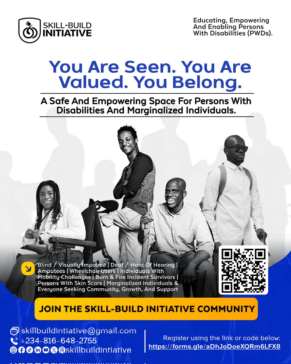 skillbuildNG's tweet image. Skill-Build Initiative is a safe, empowering, and inclusive community created to support persons with disabilities and marginalized individuals.

Scan the QR code on the flyer to join our community today
or register using the link provided.

#InclusionForAll