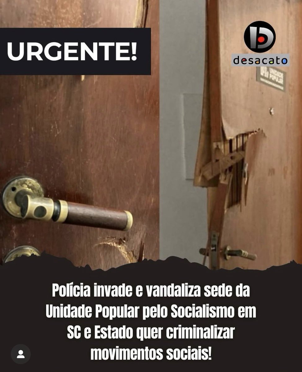 Atenção! 

Santa Catarina virou estado de exceção!!!

A Polícia Civil e a Polícia Militar, sob o pretexto de estar realizando uma operação policial, invadiu a sede local de um partido político - a Unidade Popular - e intimidou também ativistas do Movimento de Lutas nos Bairros,