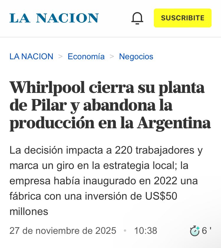 magariovero's tweet image. El cierre de la planta de Whirlpool en Pilar es otro de la larga lista de ejemplos de empresas afectadas por la política económica del gobierno nacional. Esto implica que otros 220 trabajadores se quedaron sin empleo y deben buscar una solución urgente para poder sostener a sus…