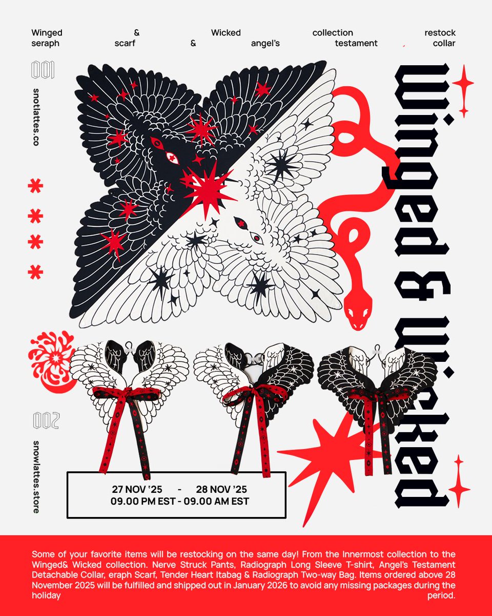 EARLY ACCESS IS OPEN‼

From Innermost to Winged &amp; Wicked, your favorites are finally coming back! The store will be open 12 hours earlier for all Ko-fi Supporters. Public opening will be on 28 Nov 9AM EST ❤

Buy Snow a ☕: ko-fi.com/snowlattes