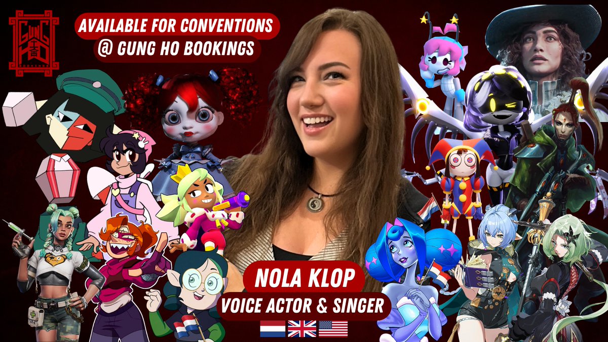 Happy to officially announce I signed with <a href="/GungHoBookings/">Gung Ho Bookings</a> for international conventions! Is there a con you’d like me to visit? Let my lovely agents at Gung Ho know and hopefully I’ll see you in 2026! 💖

Some characters you might know my voice from that are on this banner are: