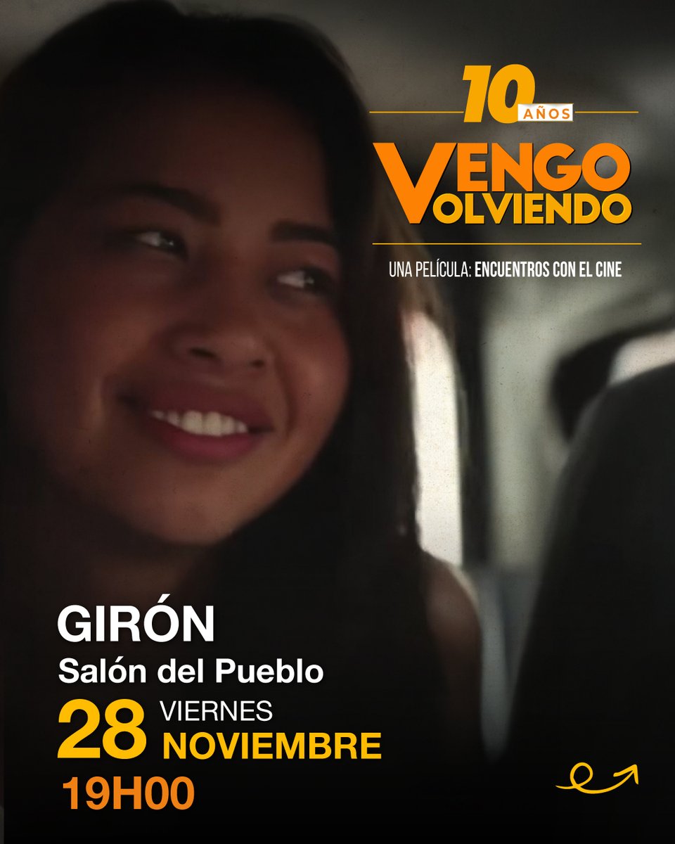 Filmarte_ec's tweet image. ✨ Regresamos al Azuay para seguir festejando los 10 años del estreno de Vengo Volviendo.

🎬 Esta vez volvemos a Girón para reencontrarnos con la comunidad.

📍 Salón del Pueblo
📅 Viernes, 28 de noviembre
🕙 19h00

📽️ Después de la función, acompáñanos en un conversatorio.