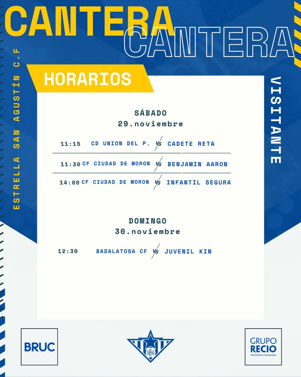 📅 | 𝑱𝒐𝒓𝒏𝒂𝒅𝒂 𝑪𝒂𝒏𝒕𝒆𝒓𝒂

🏟️ Ven a animar a los tuyos y disfruta del futuro de nuestro club 👶⭐

🗓️ Aquí tienes todos los horarios de los partidos de cantera para este fin de semana👇

#LaEstrellaBrillaDesdeAbajo
#NosMueveElCorazón 💙