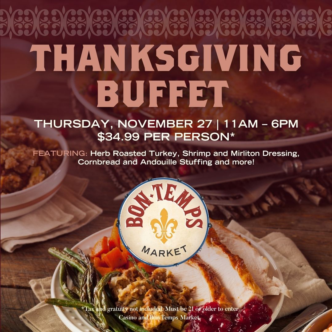 Happy Thanksgiving from the L'Auberge Baton Rouge team! 🧡 🦃 

Also, don't forget that we have our Thanksgiving buffet today at Bon Temps Market from 11-6 for those who don't want the stress of cooking. 🧑‍🍳