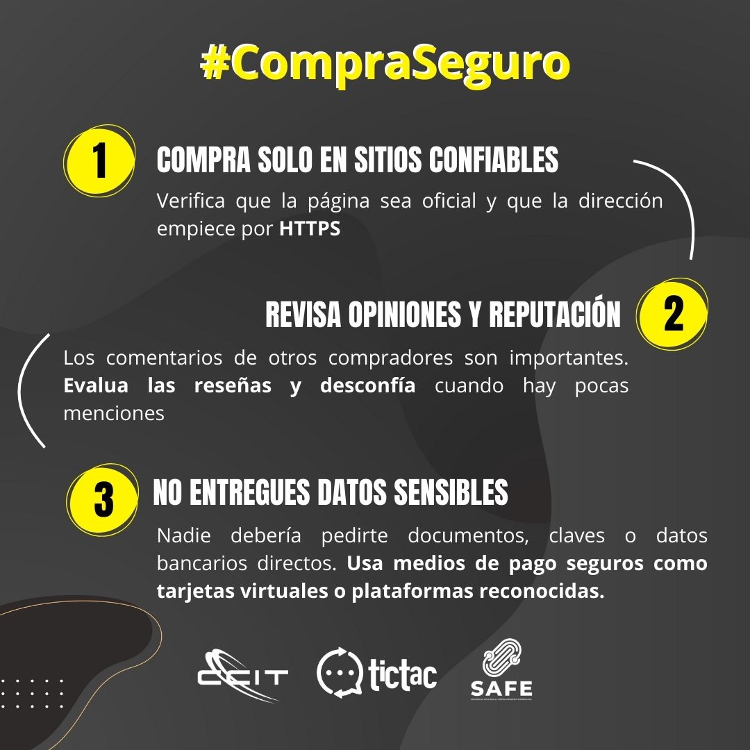 CCIT_'s tweet photo. Llega el #BlackFriday y antes de comprar online, el @tictac_ccit y su programa de #ciberseguridad #SAFE les comparte estas recomendaciones para adquirir productos informados y seguros.
¡No se deje engañar! #CompraSeguro https://t.co/p5xJB6HWE7