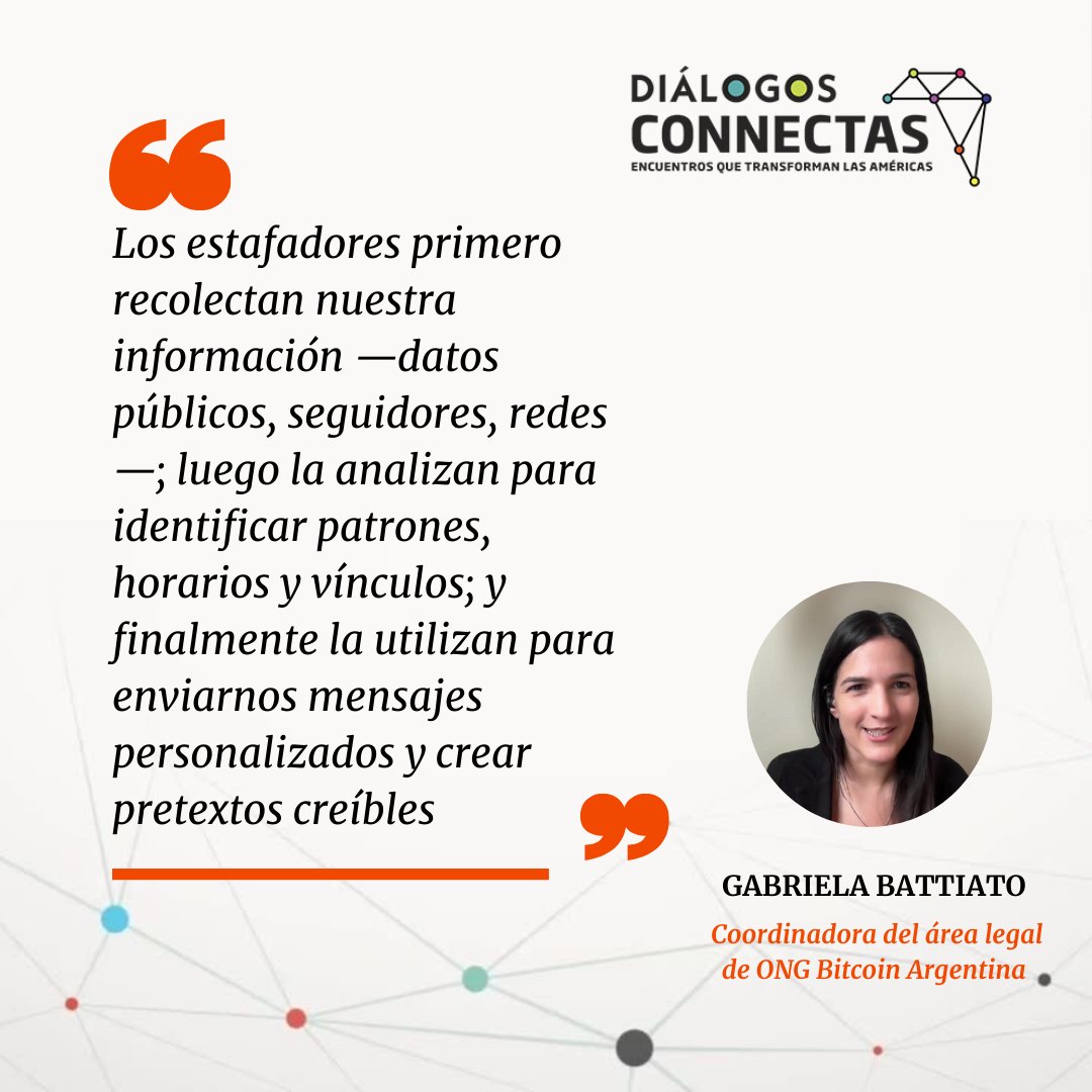ConnectasOrg's tweet image. #DiálogosCONNECTAS| &quot;Desenmascarando Estafadores ¿Cómo protegerte en el mundo cripto?🪙&quot; 
@gabibattiato, coordinadora del área legal de @BitcoinAR, advierte cómo funcionan los estafadores. 🕵️
