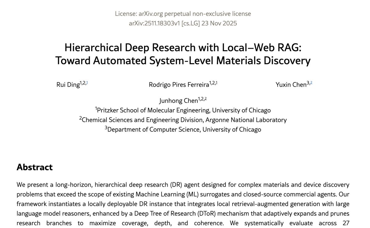 arcgrowth_'s tweet photo. Local-first scientific agents are starting to beat commercial tools — not by scale, but by structure.
Ask-read-refine loops + tree controllers + private corpora are becoming the real blueprint for automated discovery.
@rohanpaul_ai 
Paper: arxiv. org/abs/2511.18303 https://t.co/fePbG9xoMo