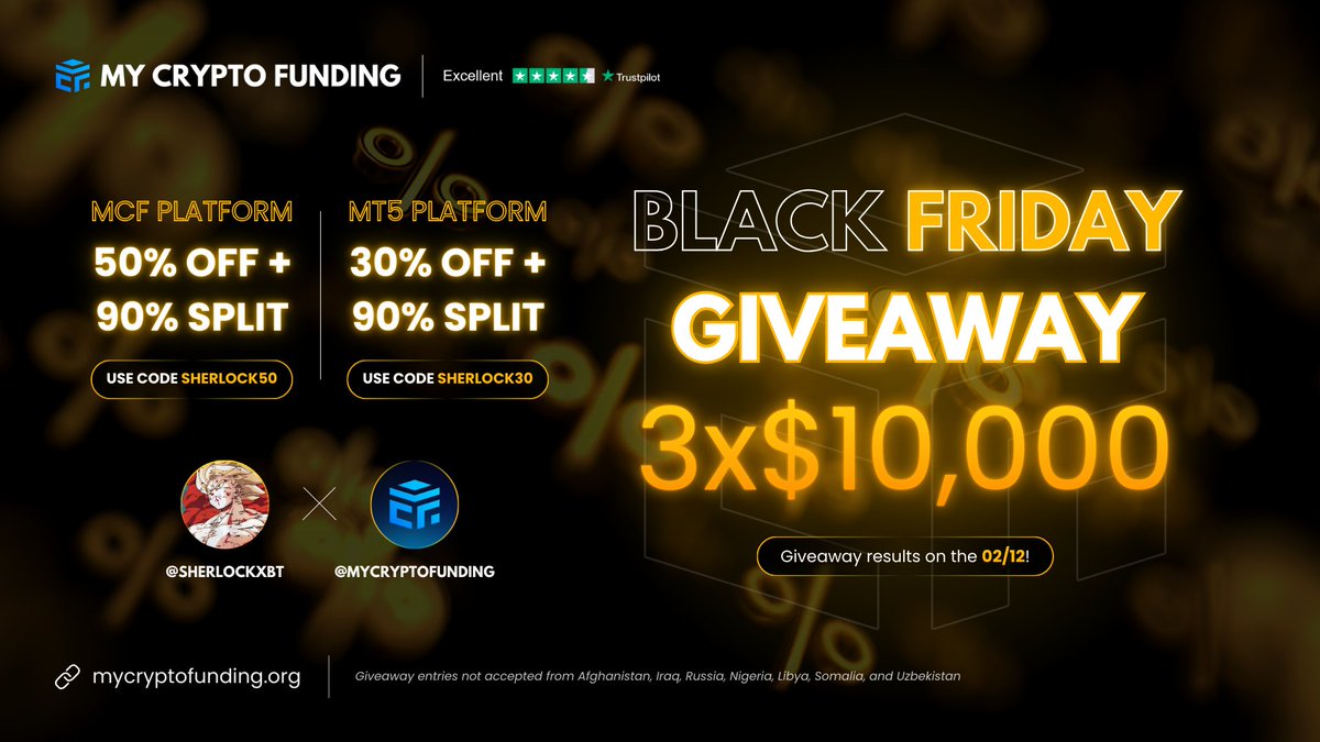 BLACK FRIDAY GIVEAWAY | 3×$10,000  

Use my Black Friday codes: SHERLOCK50 (50% OFF) &amp; SHERLOCK30 (30% OFF) biggest discounts + 90% split.  

To enter: 
• Follow <a href="/sherlockxbt/">Sherlock</a> 
• Follow <a href="/MyCryptoFunding/">My Crypto Funding</a> 
• Like + Repost 
• Tag 3 friends  

📅 Results: 02/12  

Don’t forget: