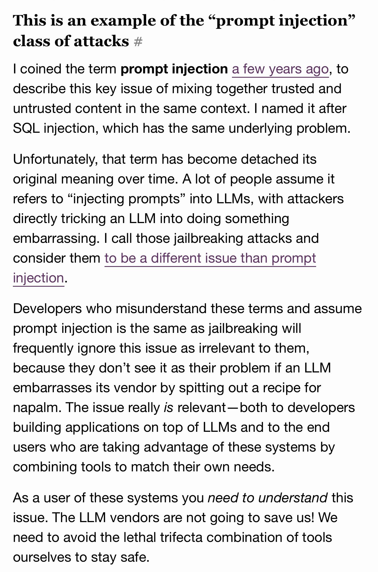 Re @Jhaddix @tristanbob There's an extra section in that post about the terminology confusion https://simonwillison.net/2025/Jun/16/the-lethal-trifecta/#this-is-an-example-of-the-prompt-injection-c...
